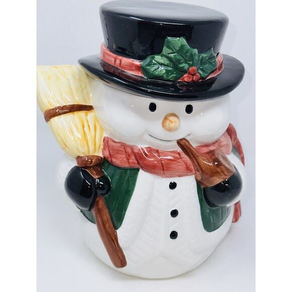 nib Vintage Snowman Cookie Jar 11" Hand Painted Ceramic Christmas Holiday - Picture 3 of 11